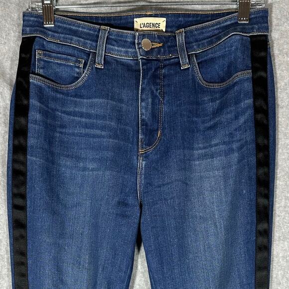 L'Agence Margot Skinny High Rise Neptune Jeans Sz 28 Black Satin Side Stripe USA - Picture 13 of 15